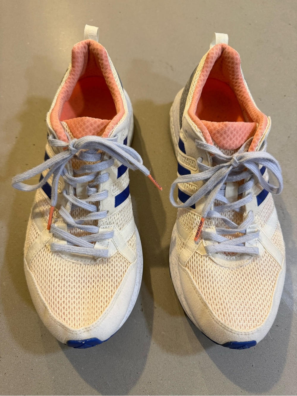 Adidas Adizero Tempo 9 Boost Running Shoes White Blue Peach Size 9.5
